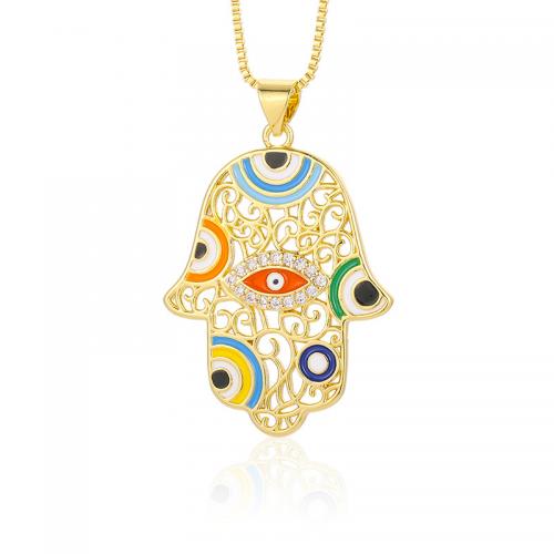 Evil Eye Schmuck Halskette, Messing, mit Verlängerungskettchen von 5cm, Hand, goldfarben plattiert, Modeschmuck & Micro pave Zirkonia & für Frau & Emaille, keine, frei von Nickel, Blei & Kadmium, 24x35mm, Länge ca. 43 cm, verkauft von PC