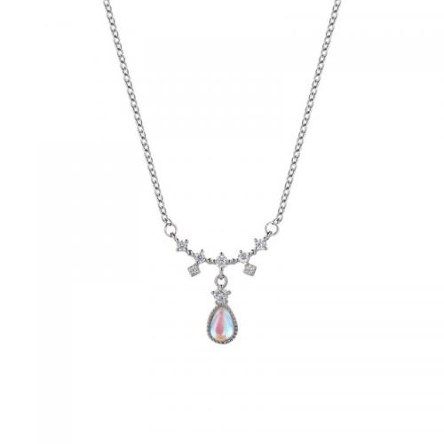 Zircone cubico Micro spianare collana dell'argento sterlina, 925 argento sterlina, with Moonstone, with 3.5CM extender chain, placcato, Micro spianare cubic zirconia & per la donna, color platino, Lunghezza Appross. 40 cm, Venduto da PC