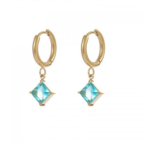 Acier titane Boucles d'oreilles pendantes Hoop Huggie, Losange, Plaqué d'or 14K, pavé de micro zircon & pour femme, plus de couleurs à choisir, 10x20mm, Vendu par paire