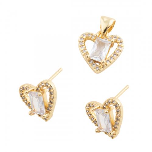 Messing smykker sæt, Heart, forskellige stilarter for valg & Micro Pave cubic zirconia & for kvinde, gylden, nikkel, bly & cadmium fri, pendant 12.5*12mm,  stud earring 10.5*11.5mm, Solgt af PC