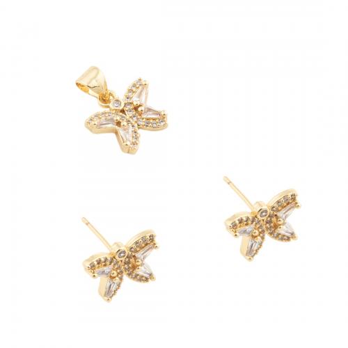 Brass Ensemble de bijoux, laiton, papillon, styles différents pour le choix & pavé de micro zircon & pour femme, doré, protéger l'environnement, sans nickel, plomb et cadmium, pendant 11*12mm,  stud earring 9*12mm, Vendu par PC