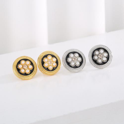 Brass Stud Earring with Plastic Pearl Round plated fashion jewelry & for woman & enamel & with rhinestone nickel lead & cadmium free Sold By Pair