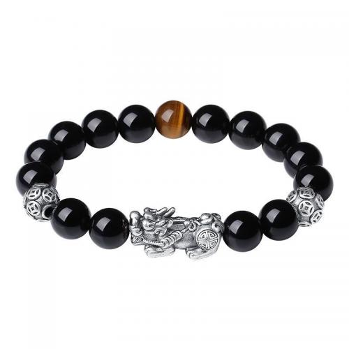 Messing-Armbänder, Messing, mit Obsidian & Sonnenstein & Tigerauge, plattiert, unisex & verschiedene Stile für Wahl, schwarz, verkauft von PC