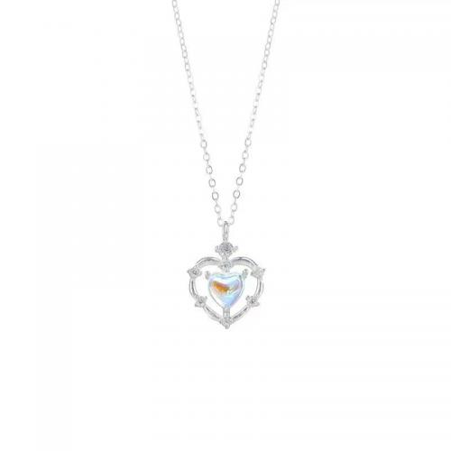 Zircone cubico Micro spianare collana dell'argento sterlina, 925 argento sterlina, with Moonstone, with 5CM extender chain, placcato, Micro spianare cubic zirconia & per la donna, argento, Lunghezza Appross. 40 cm, Venduto da PC