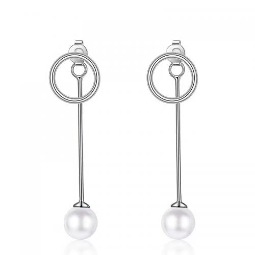 925 Boucles d’oreilles Sterling Silver Drop & Dangle, argent sterling 925, avec perle de plastique, Placage, pour femme, couleur platine, 5x23mm, Vendu par paire