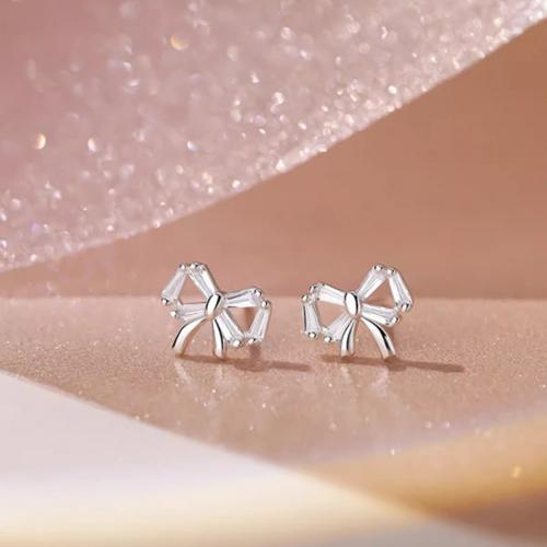 Cubic Zirconia Micro άνοιγαν Sterling Silver Σκουλαρίκι, 925 Sterling Silver, Bowknot, επιχρυσωμένο, μικρο ανοίξει κυβικά ζιρκονία & για τη γυναίκα, το χρώμα της πλατίνας, Sold Με Ζεύγος