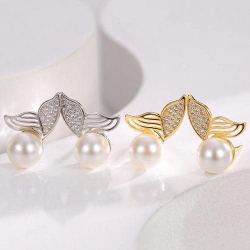 Brass Stud Earring with Plastic Pearl plated fashion jewelry & for woman & with rhinestone nickel lead & cadmium free Sold By Pair