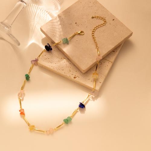 Collier bijoux de pierre gemme, laiton, avec Pierre naturelle, avec 2.76 Inch chaînes de rallonge, Placage, bijoux de mode & pour femme, multicolore, protéger l'environnement, sans nickel, plomb et cadmium, Longueur Environ 14.57 pouce, Vendu par PC