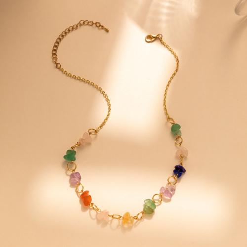 Collier bijoux de pierre gemme, laiton, avec Pierre naturelle, avec 2.76 Inch chaînes de rallonge, Placage, bijoux de mode & pour femme, multicolore, protéger l'environnement, sans nickel, plomb et cadmium, Longueur Environ 14.57 pouce, Vendu par PC