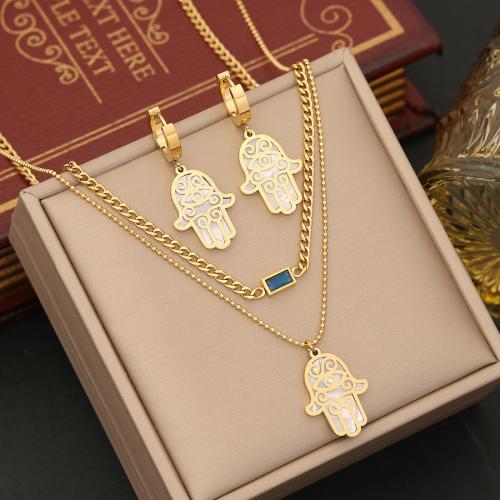 304 Stainless Steel Jewelry Set with White Shell Hamsa gold color plated Double Layer & for woman & with rhinestone Sold By PC