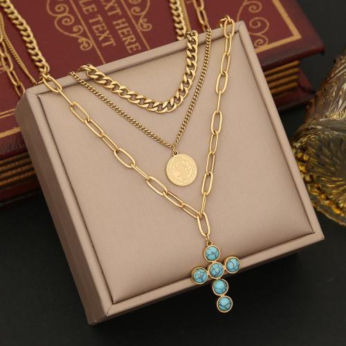 Acier inoxydable 304 parure de bijoux, avec turquoise, croix, Placage de couleur d'or, styles différents pour le choix & pour femme, Vendu par PC