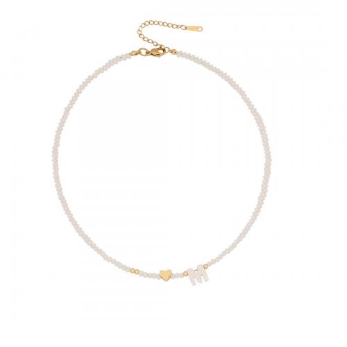 cristal collier, avec coquille blanche & Acier inoxydable 304, avec 2inch chaînes de rallonge, Lettre d’alphabet, Placage de couleur d'or, styles différents pour le choix & pour femme, Longueur Environ 15.7 pouce, Vendu par PC