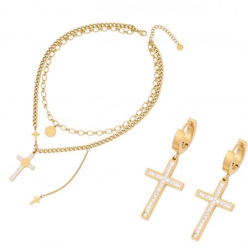 304 rostfritt stål Smycken Set, Cross, guldfärg pläterade, olika stilar för val & för kvinna & med strass, Säljs av PC