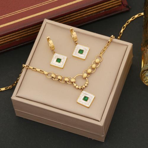 304 roestvrij staal Sieraden set, met White Shell, Geometrisch Patroon, gold plated, verschillende stijlen voor de keuze & voor vrouw & met strass, Verkocht door PC