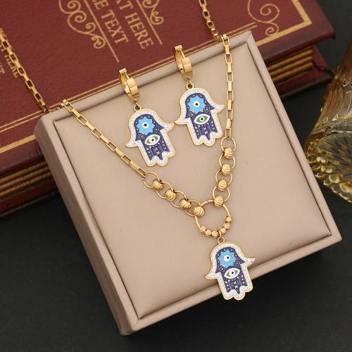 304 Stainless Steel Jewelry Set Hamsa gold color plated & for woman & enamel & with rhinestone Sold By PC