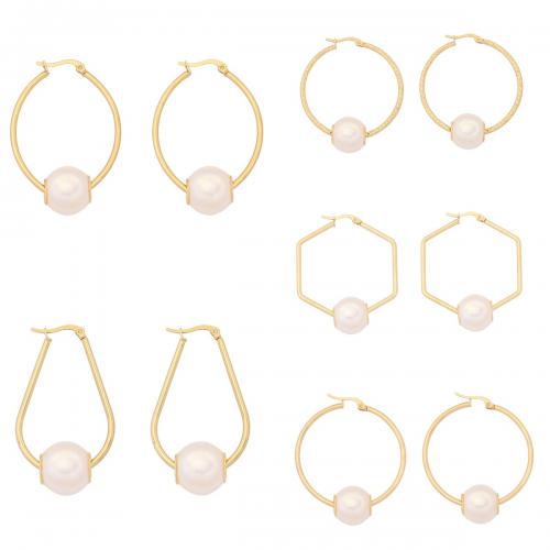 304 roestvrij staal Hendel weer Earring, met Plastic Pearl, gold plated, verschillende stijlen voor de keuze & voor vrouw, Verkocht door pair