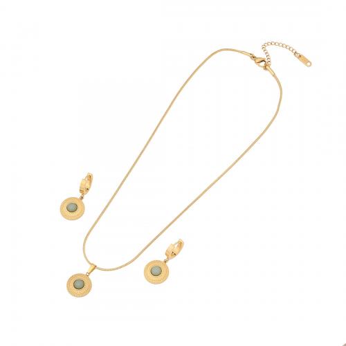 304 Stainless Steel Jewelry Set earring & necklace with Natural Stone Flat Round gold color plated 2 pieces & snake chain & for woman Sold By Set