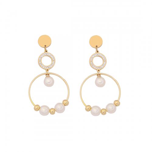 acero inoxidable 304 Pendientes con Colgantes, con Perlas plásticas, chapado en color dorado, diferentes estilos para la opción & para mujer & con diamantes de imitación & hueco, 30x60mm, Vendido por Par