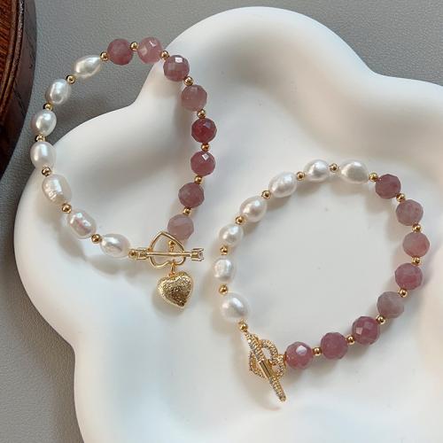 Quartz Βραχιόλια, Rose Quartz, με ABS πλαστικό μαργαριτάρι & Ορείχαλκος, κοσμήματα μόδας & διαφορετικά σχέδια για την επιλογή & μικρο ανοίξει κυβικά ζιρκονία, περισσότερα χρώματα για την επιλογή, Μήκος 17.2 cm, Sold Με PC