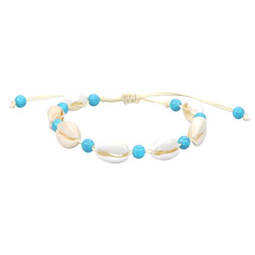 Bracelet bijoux coquillage, coquille, avec turquoise & corde de cire, fait à la main, pour femme, blanc, Longueur Environ 18-25 cm, Vendu par PC