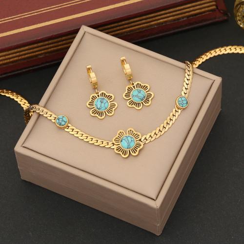 Acier inoxydable 304 parure de bijoux, avec turquoise, fleur, Placage de couleur d'or, styles différents pour le choix & pour femme, Vendu par PC