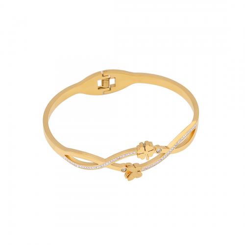 Acier inoxydable 304 bracelet ordinaire, Placage de couleur d'or, styles différents pour le choix & pour femme & avec strass, Diamètre intérieur:Environ 60x50mm, Vendu par PC