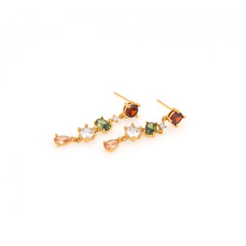 Boucles d'oreilles en laiton zircon cubique pavent, Plaqué or 18K, bijoux de mode & pavé de micro zircon & pour femme, couleurs mélangées, protéger l'environnement, sans nickel, plomb et cadmium, 7x37x3mm, Vendu par paire