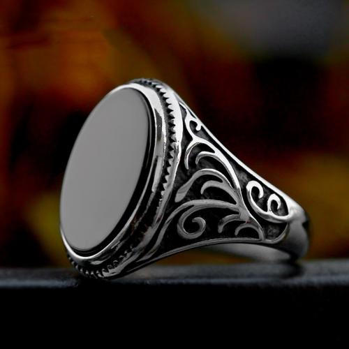 Titanium Staal Finger Ring, met Zwarte Agaat, Ovaal, gepolijst, Vintage & verschillende grootte voor keus & voor de mens, Maat:7-13, Verkocht door PC