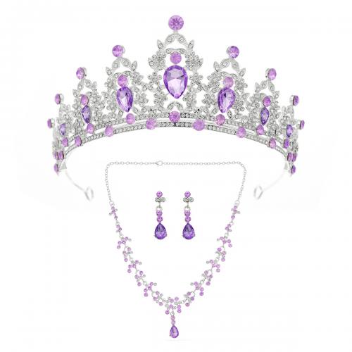 Zinklegering Sieraden Sets, Stud Oorbel & kroon & halsketting, Zinc Alloy, silver plated, drie stuks & voor vrouw & met strass, purper, nikkel, lood en cadmium vrij, Verkocht door Stel