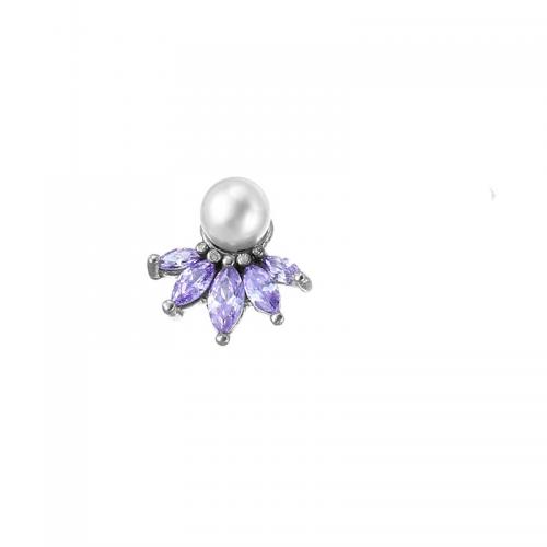 Titanium Staal Earring, met Plastic Pearl, plated, mode sieraden & met strass, purper, 14x15mm, Verkocht door PC