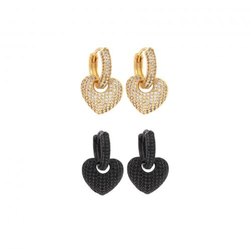 Boucles d'oreilles en laiton zircon cubique pavent, coeur, Placage, bijoux de mode & pavé de micro zircon & pour femme, plus de couleurs à choisir, protéger l'environnement, sans nickel, plomb et cadmium, circular ring:16x14x3mm,heart shape:15x14x4.5mm, Vendu par paire