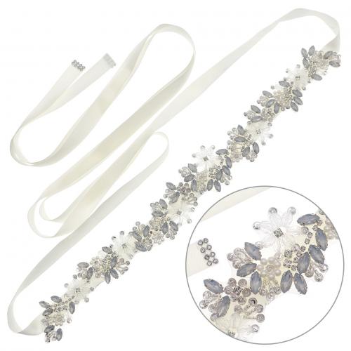 Trendy riemen, Doek, met Plastic Pearl & Zinc Alloy, Bloem, silver plated, voor vrouw & met strass, Lengte Ca 39.7 cm, Verkocht door PC