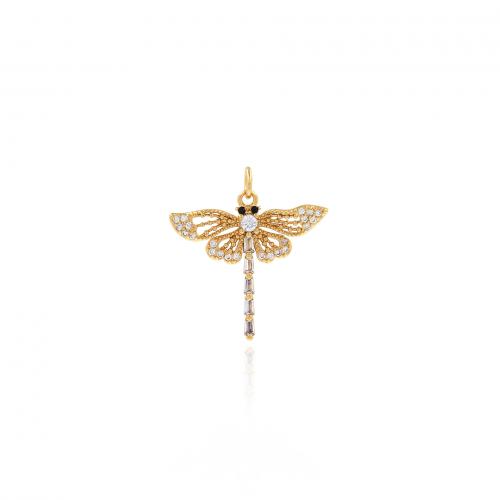 Messing hanger met micro-paved kubieke zirconia's, Dragonfly, 18K verguld, mode sieraden & DIY & micro pave zirconia, nikkel, lood en cadmium vrij, 23.50x25.50x3.50mm, Verkocht door PC