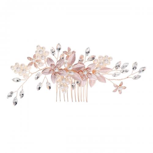 Dekorative Hårkamme, Zinc Alloy, med Plastic Pearl, Flower, forgyldt, for kvinde & med rhinestone, flere farver til valg, nikkel, bly & cadmium fri, 170x70mm, Solgt af PC