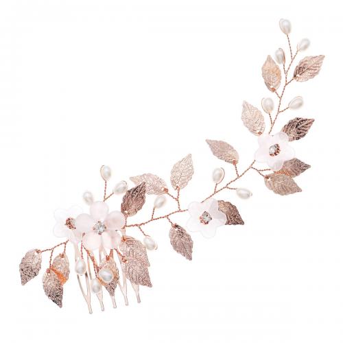 Dekorative Hårkamme, Messing, med ABS plastik perle, Leaf, forgyldt, for kvinde & med rhinestone, flere farver til valg, nikkel, bly & cadmium fri, 190x65mm, Solgt af PC