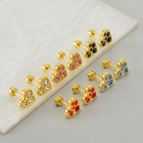 Roestvrij staal Stud Earrings, 304 roestvrij staal, Hart, gold plated, voor vrouw & met strass, meer kleuren voor de keuze, 9x9mm, Verkocht door pair