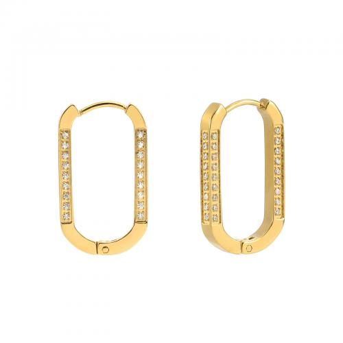 Mens pendiente de aro de acero inoxidable, acero inoxidable 304, Cuadrado, chapado en color dorado, micro arcilla de zirconia cúbica & para mujer, 25x15x3mm, Vendido por Par