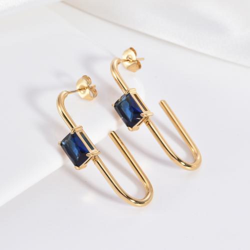 Roestvrij staal Stud Earrings, 304 roestvrij staal, Plein, gold plated, micro pave zirconia & voor vrouw, meer kleuren voor de keuze, 15x35mm, Verkocht door pair