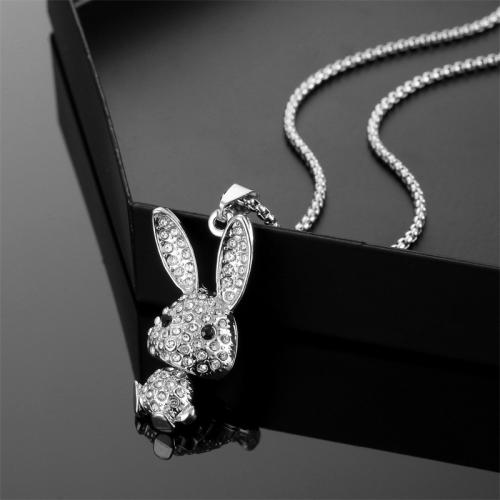 Collier d'acier titane, avec alliage de zinc, lapin, Placage, bijoux de mode & avec strass, argent, Longueur 70 cm, Vendu par PC