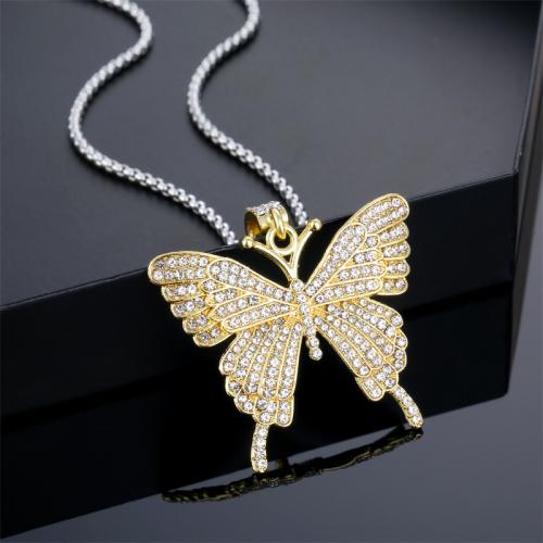 Titanium stål halskæde, med Zinc Alloy, Butterfly, forgyldt, mode smykker & med rhinestone, gylden, Længde 70 cm, Solgt af PC