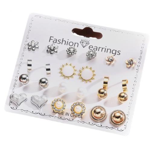 Pendientes de Perno de Aleación de Zinc, con Cristal & Perlas plásticas, 12 piezas & Joyería & para mujer, libre de níquel, plomo & cadmio, Vendido por Set