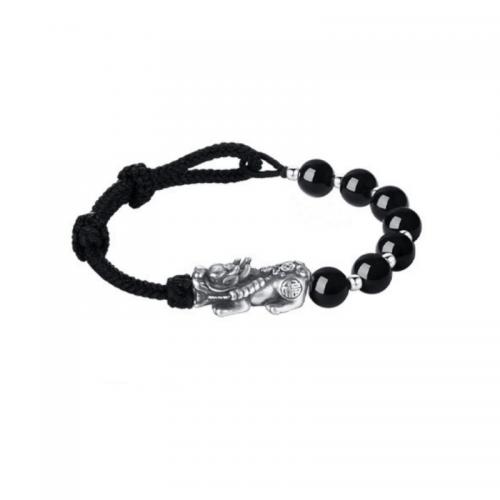 alliage de zinc bracelet, avec Obsidienne & cordon de polyester, bête sauvage Fabuleuse, Placage de couleur argentée, Vintage & pour homme, Longueur Environ 6.5-9 pouce, Vendu par PC