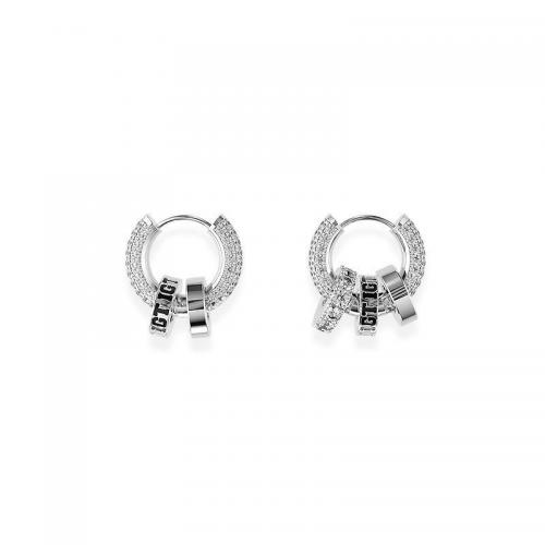 alliage de zinc Boucles d'oreilles pendantes Hoop Huggie, beignet, Placage de couleur argentée, unisexe & avec le motif de lettre & pavé de micro zircon, 15mm, Vendu par paire