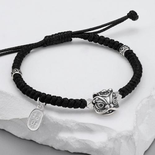 Zinc Alloy Bracelet with Waxed Cotton Cord Lion silver color plated vintage & braided & for man Length Approx 7-10 Inch Sold By PC