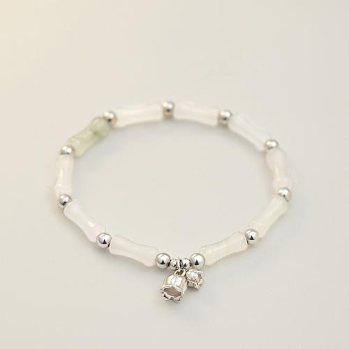 Zinc Alloy Armband, met witte Chalcedoon, Bloem, silver plated, mode sieraden & voor vrouw, Lengte Ca 6 inch, Verkocht door PC