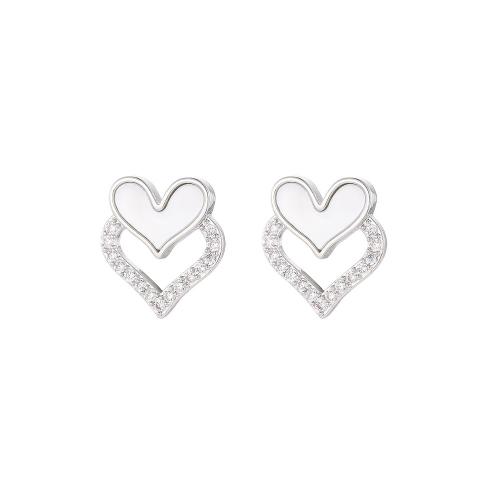 Brass Stud Earring with Shell Heart fashion jewelry & for woman & with rhinestone nickel lead & cadmium free Sold By Pair