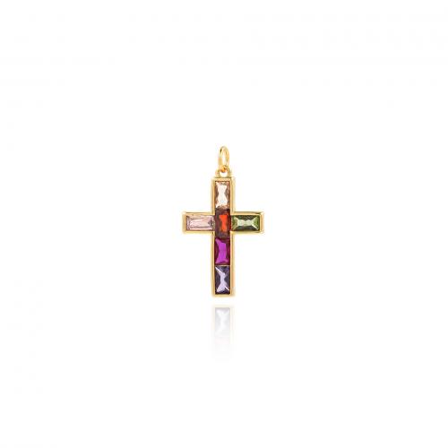 Kubik Zirkonium mikro bana Mässing hängande, Cross, 18K guldpläterad, mode smycken & DIY & micro bana cubic zirconia, blandade färger, nickel, bly och kadmium gratis, 15.30x27.50x2mm, Säljs av PC