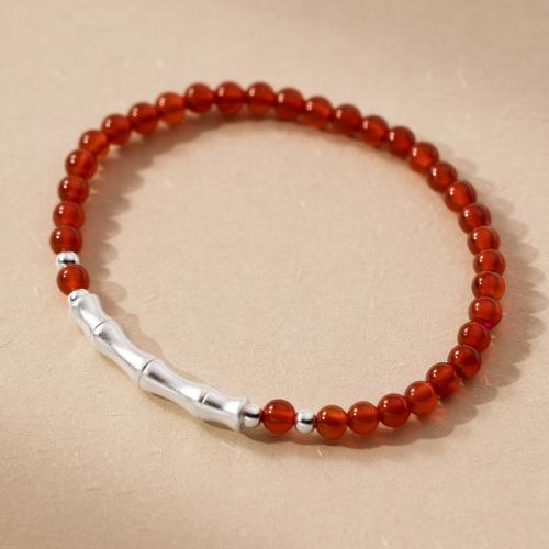 Sterling Sølv Armbånd, 925 Sterling Sølv, med Red Agate, håndlavet, mode smykker & elastisk & for kvinde, nikkel, bly & cadmium fri, Længde Ca. 15-23 cm, Solgt af PC