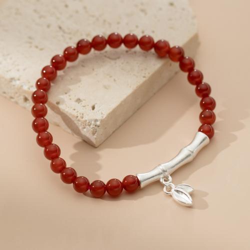 Sterling Silver Βραχιόλια, 925 ασημένιο ασήμι, με Red Agate, Φύλλο, χειροποίητο, κοσμήματα μόδας & ελαστική & για τη γυναίκα, νικέλιο, μόλυβδο και κάδμιο ελεύθεροι, Μήκος Περίπου 15-24 cm, Sold Με PC