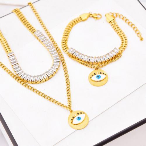 Evil Eye Schmuck-Set, Titanstahl, Doppelschicht & verschiedene Stile für Wahl & für Frau & mit Strass, goldfarben, verkauft von PC